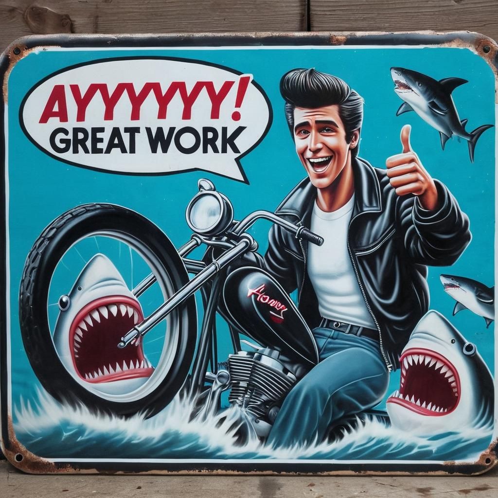 Fonzie Rides Sharks: Retro Cartoon in Comic Style