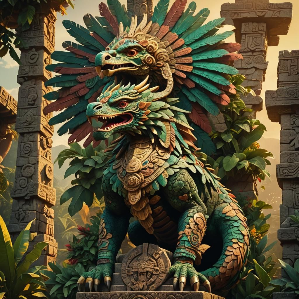 Quetzalcoatl on Pyramid in Mesoamerican Style