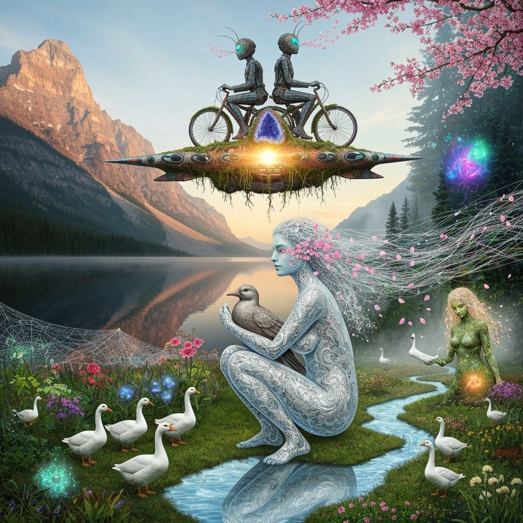 Surreal Mountain Lake Sculpture with Cosmic Female Figure