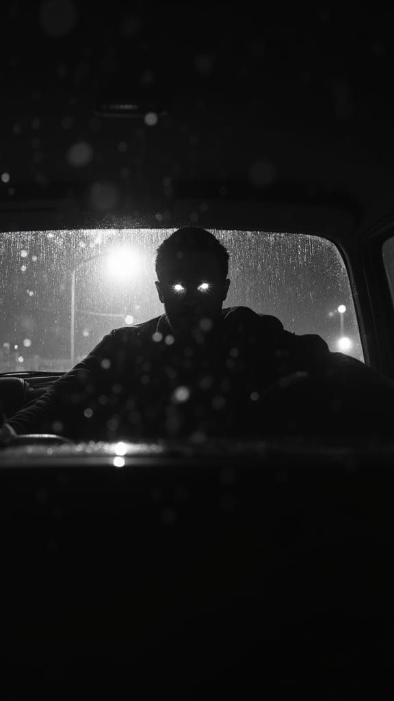 Noir Figure in Rainy Car: Ominous Chiaroscuro