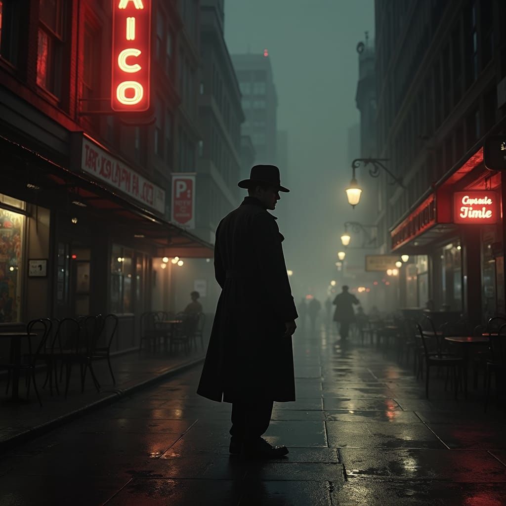 Detective in Rainy Chicago: A Film-Noir Scene