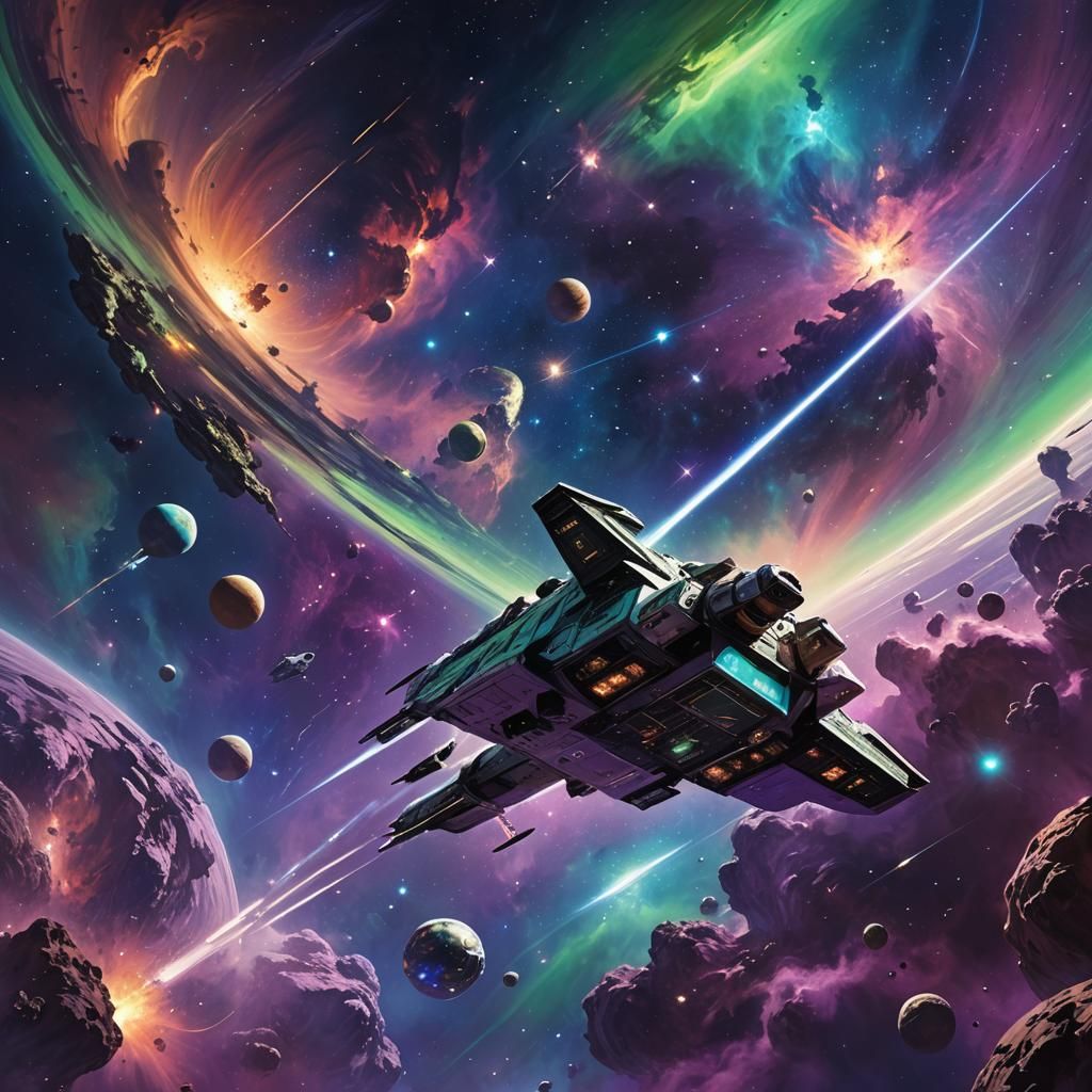 Spacecraft Soaring Through Cosmic Nebula in Sci-Fi Art