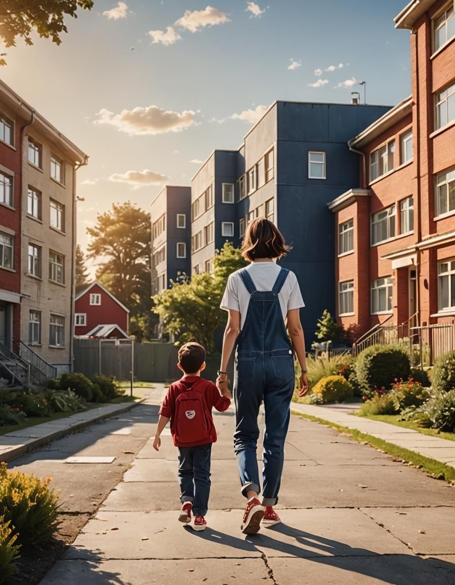 Mother Waving Goodbye to Son on First School Day