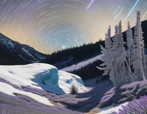 Star Trails Over Icy Winter Lavender Field