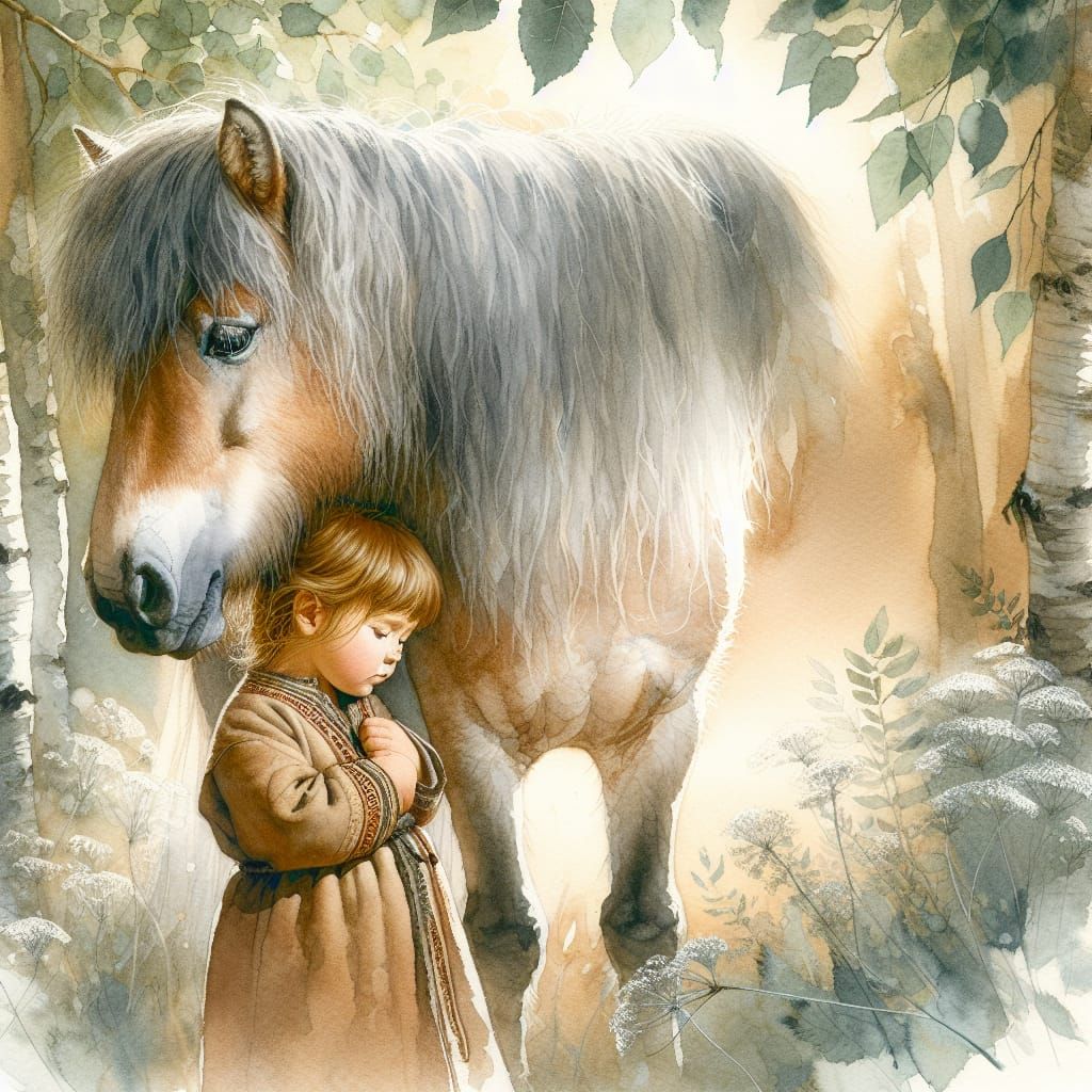 Girl and Mongolian Horse in Summer Watercolor