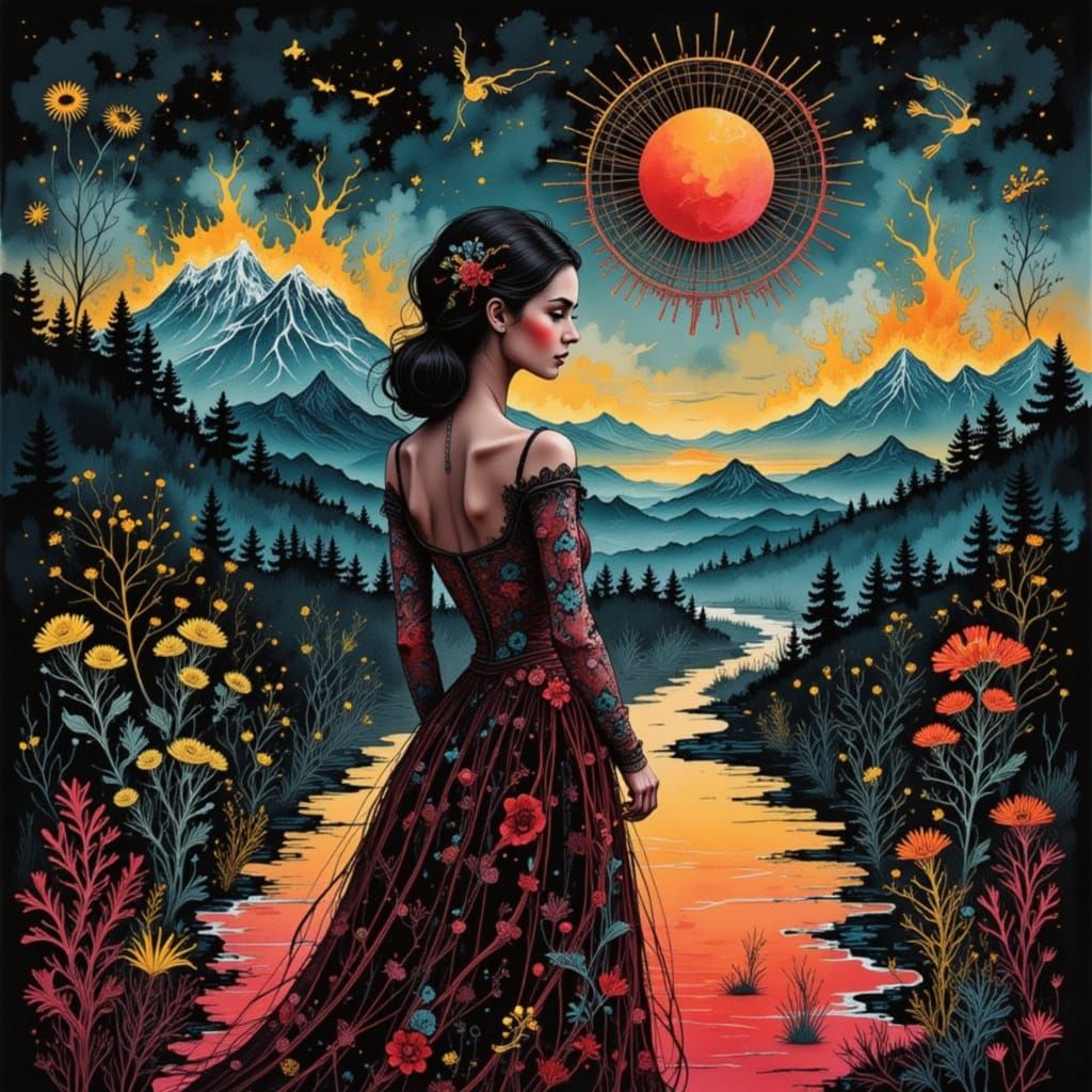 Elegant Woman in Serene Landscape, Vibrant Digital Art