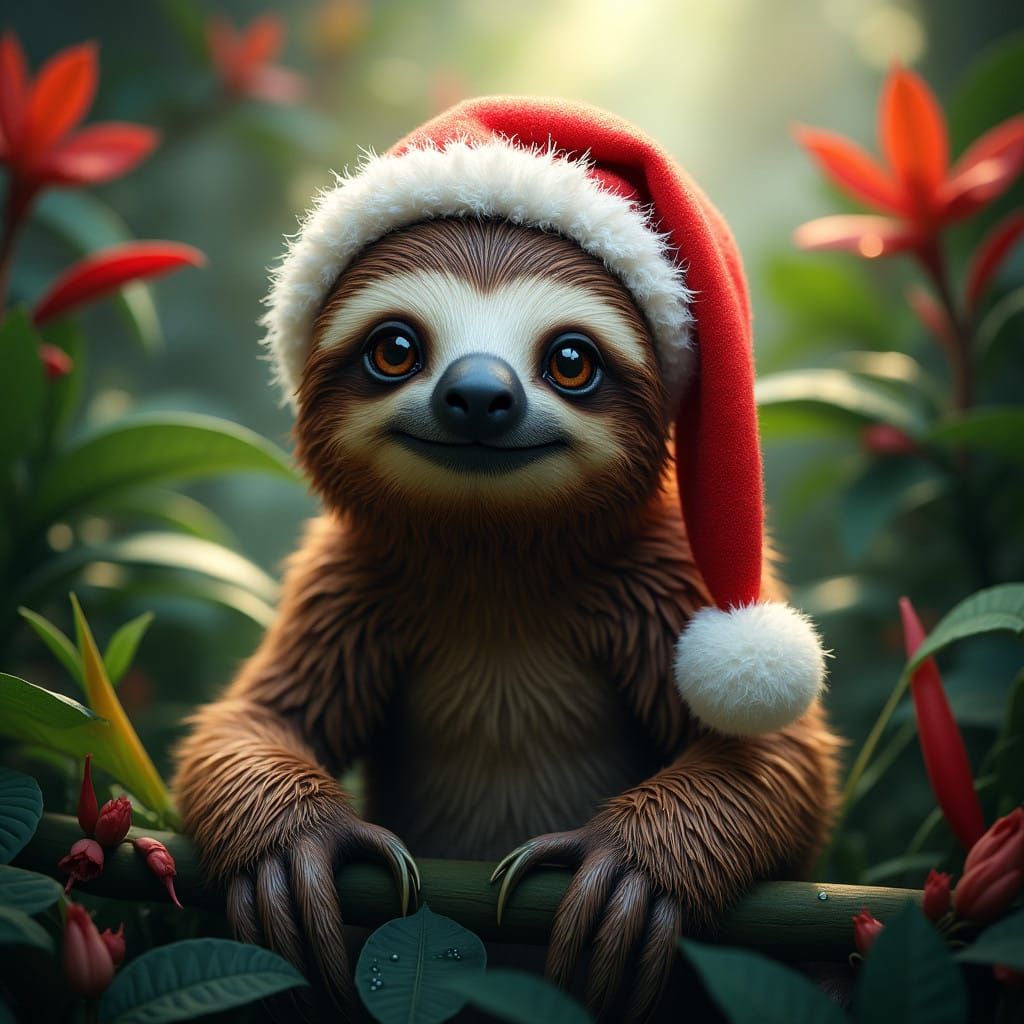 Sloth in Vibrant Jungle Wearing Santa Hat in Impressive Deta...