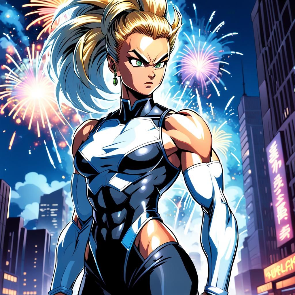 80s Anime Super Saiyan Woman in Metropolis