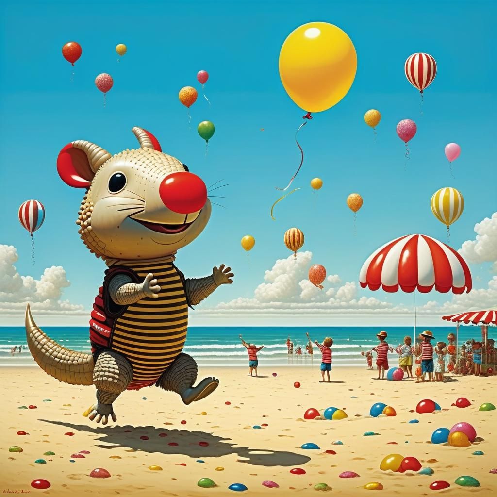 BALLOON ARMADILLO ANDY playing beach volleyball with his bal...