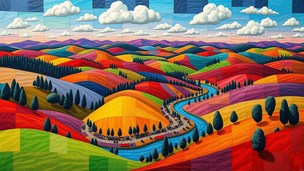 Surreal Dreamscapes in Vibrant Geometric Patchwork