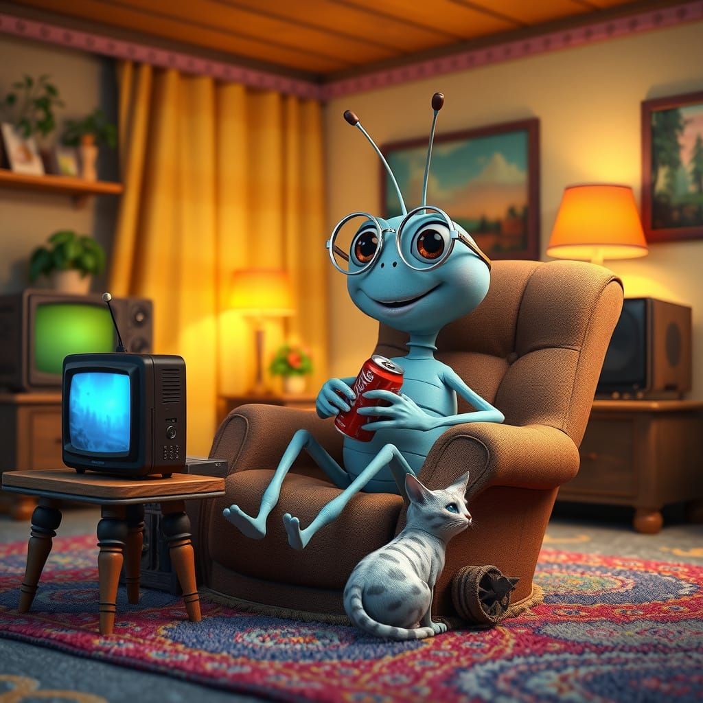 Smiling Bug in Pixar Style Living Room