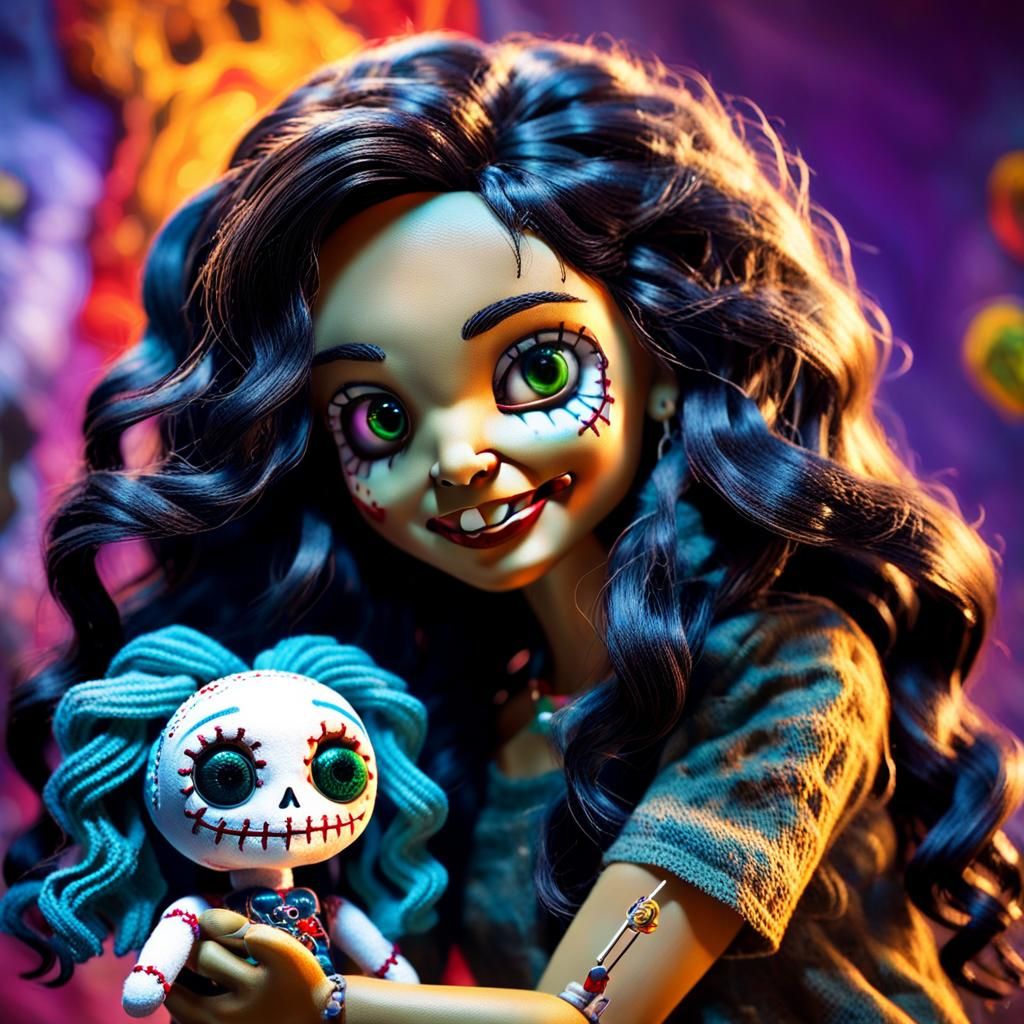 Hispanic Woman with Voodoo Doll: Hyperrealistic Concept Art