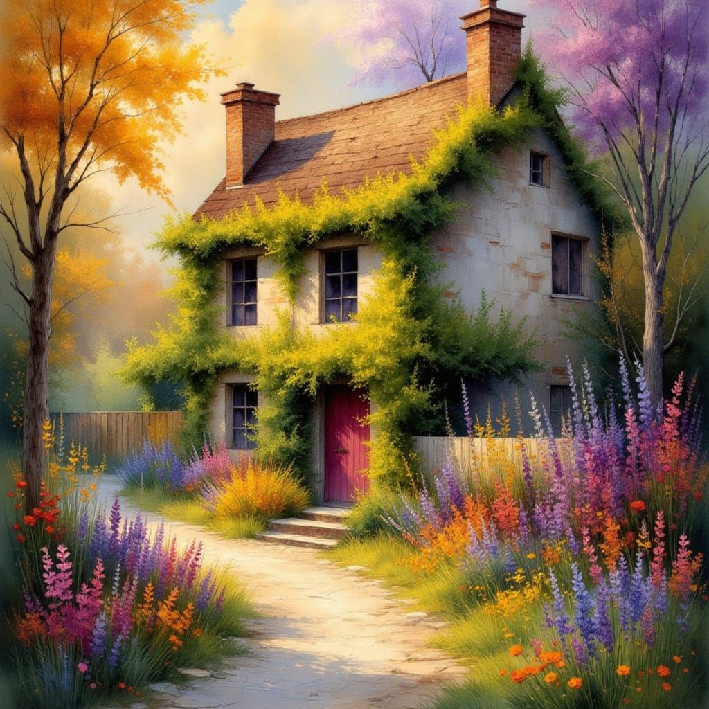 Quaint Village Cottage in Fall, Folk Art Style