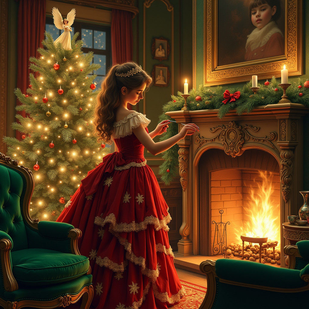 Young Mrs. Claus Decorating a Victorian Christmas Parlor