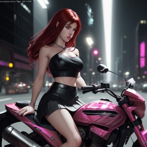 Girl on Motorcycle in City at Night