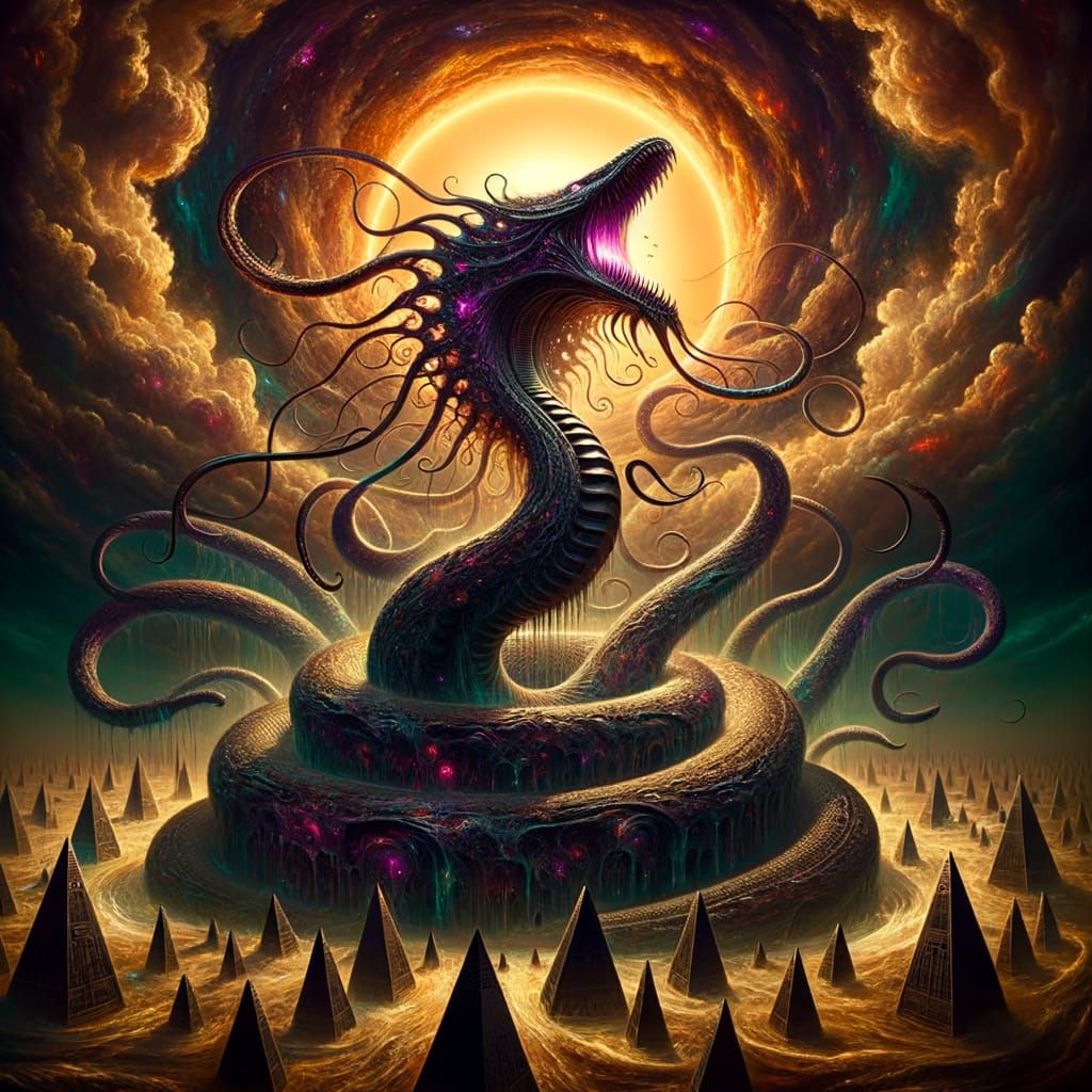 Ancient Serpent Devours Blazing Sun in Cosmic Horror Scene