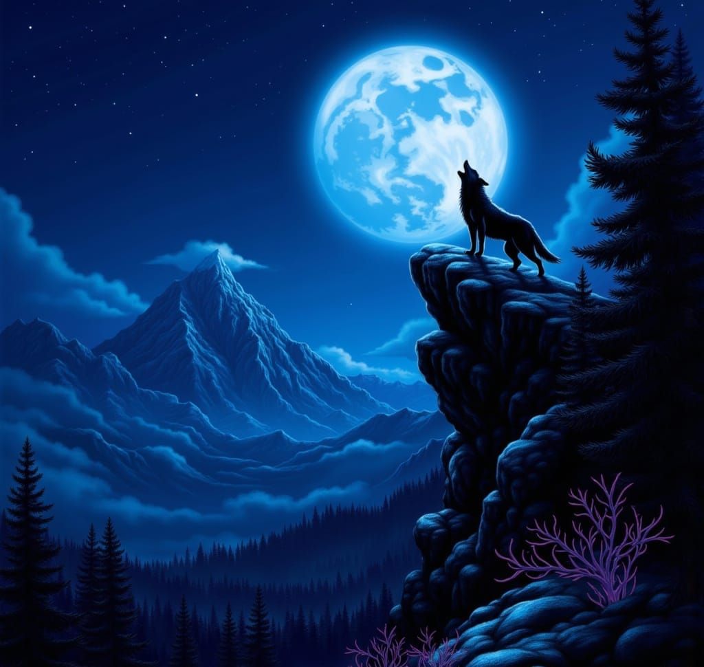 Wolf Howling Under Full Moon