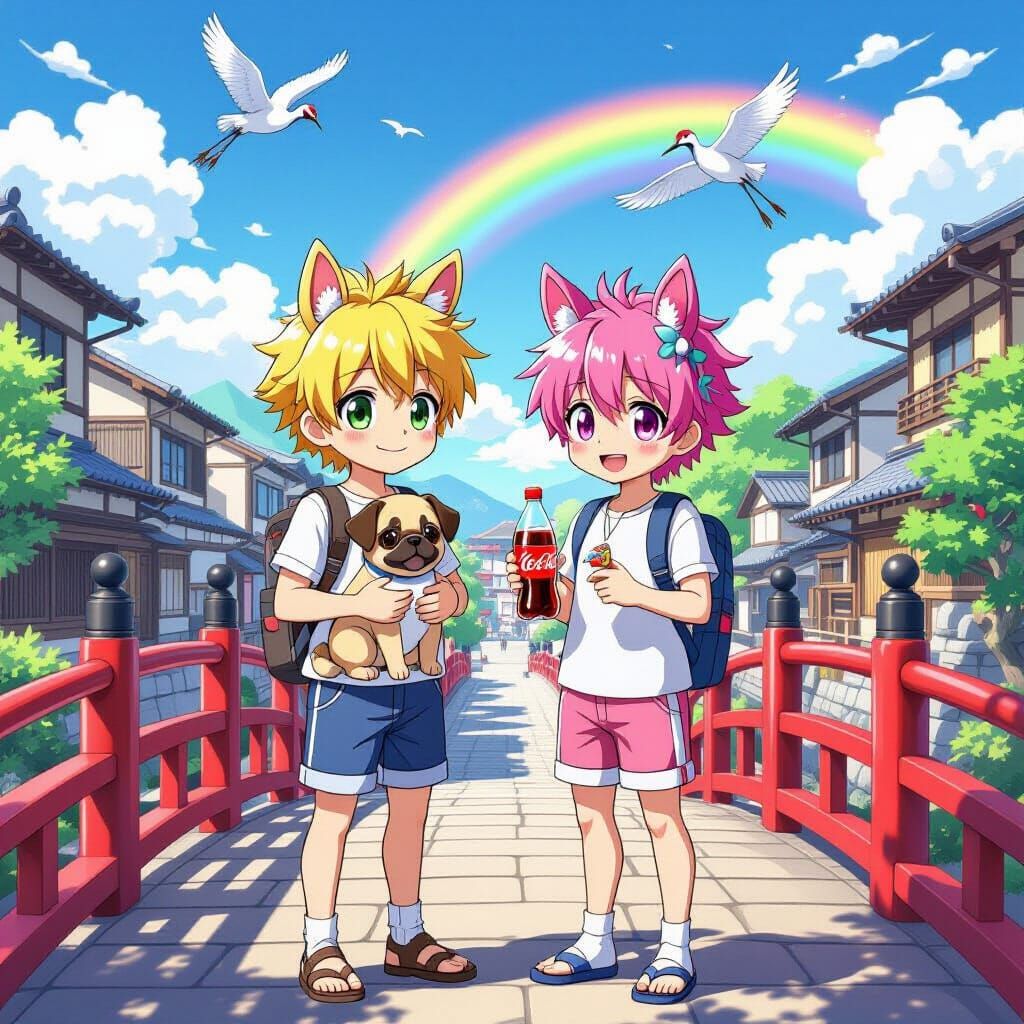 Anime Men with Horse Ears on Japanese Bridge