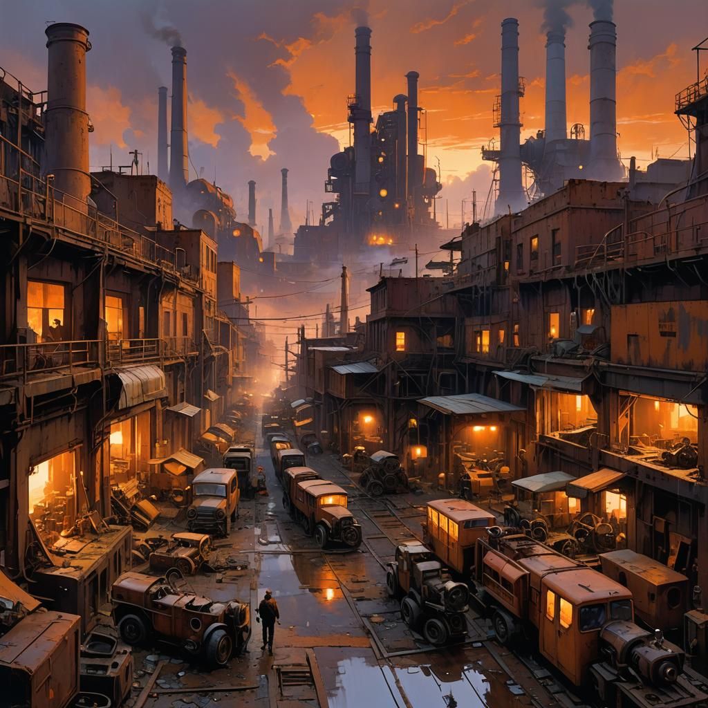 a dystopian outdoor scene with a nostalgic and melancholic atmosphere. The setting features a deteriorated urban landsca...