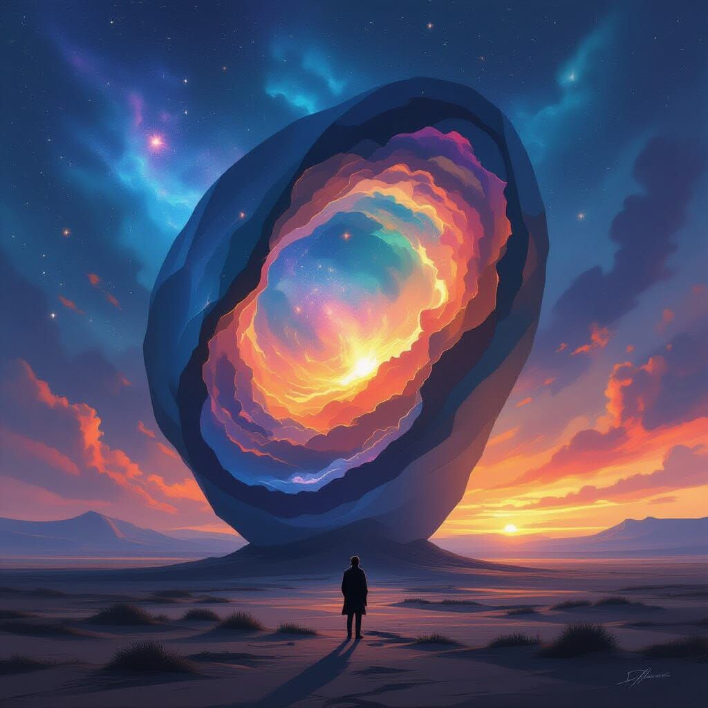 Lone Figure Views Cosmic Sculpture on Windswept Plain