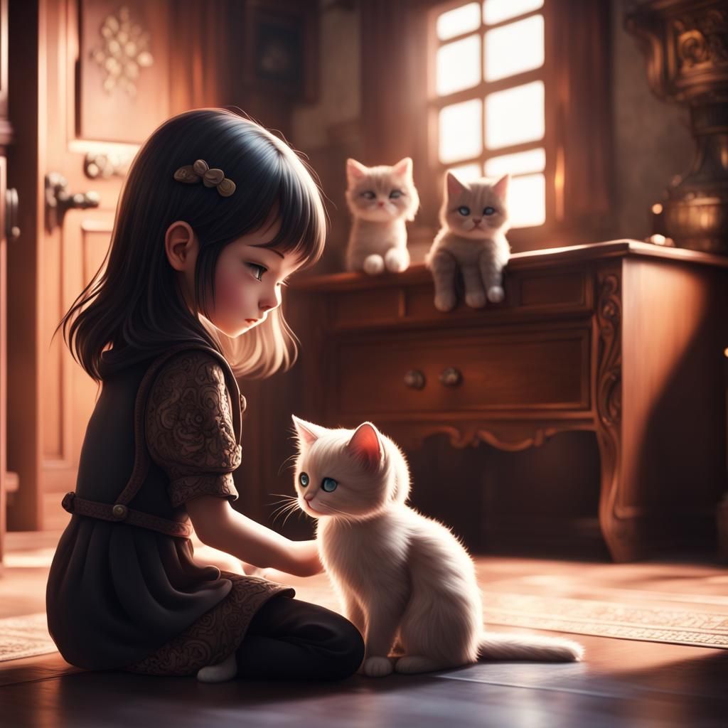 Chibi Girl and Cat in Soft Lighting