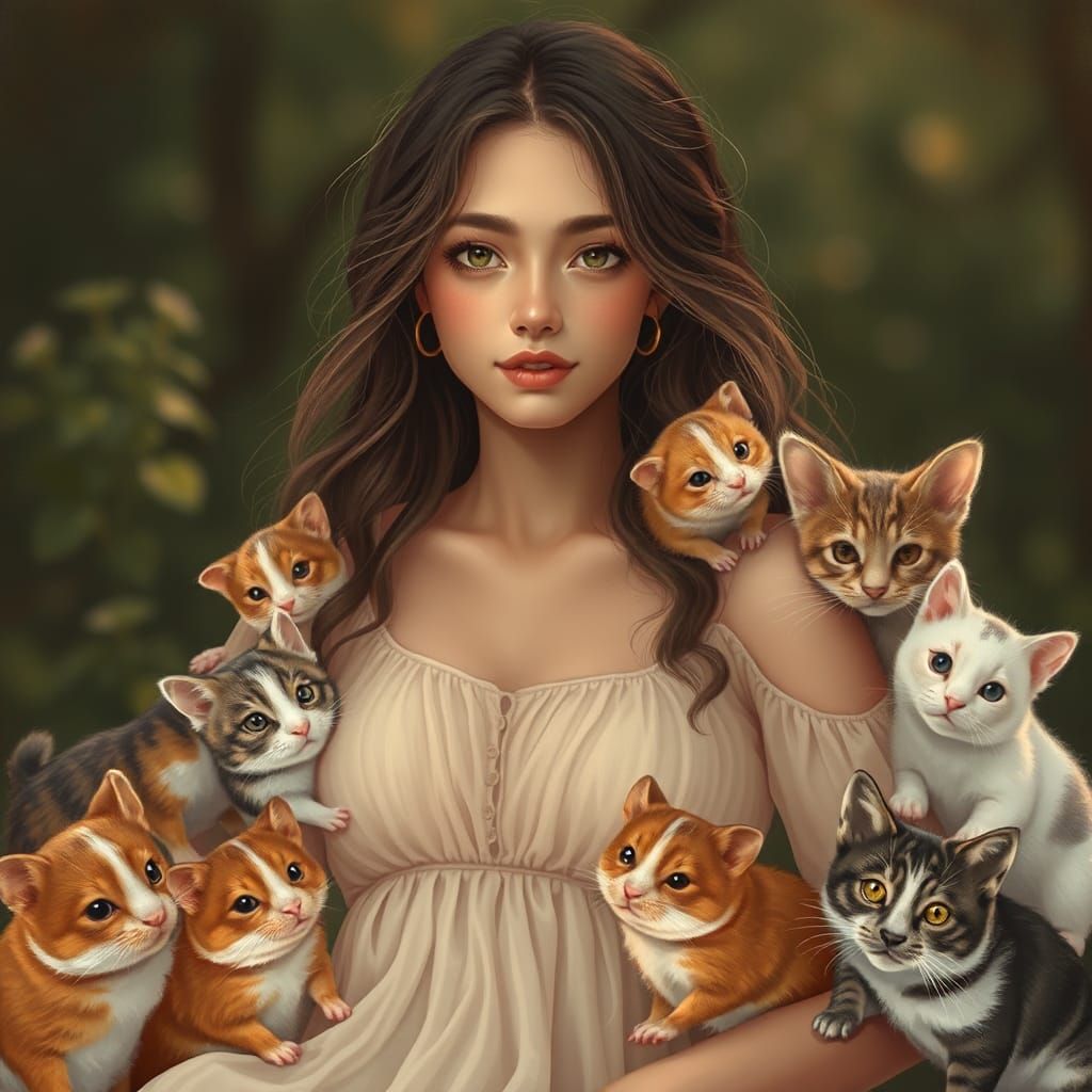 Young Woman Surrounded by Animals in Realistic Style