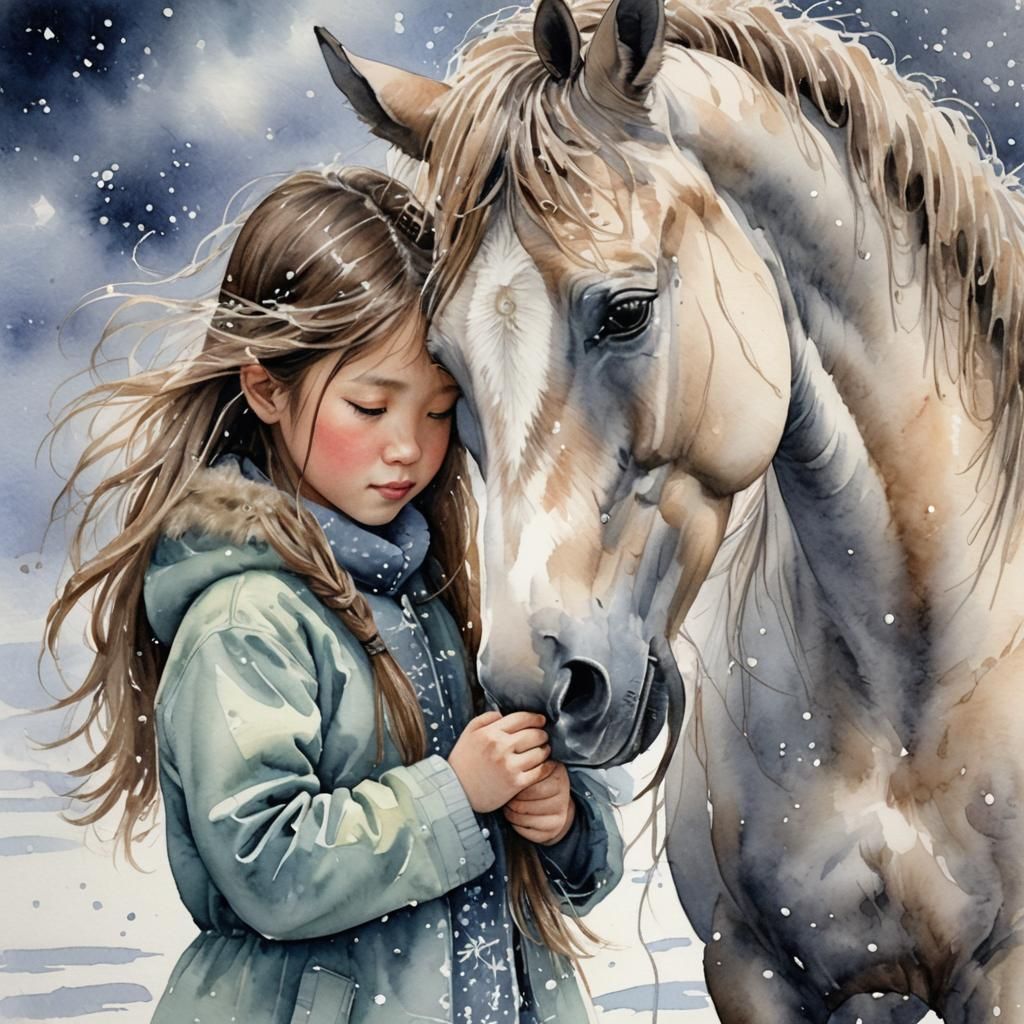 Girl and Mongolian Horse in Watercolor Illustration