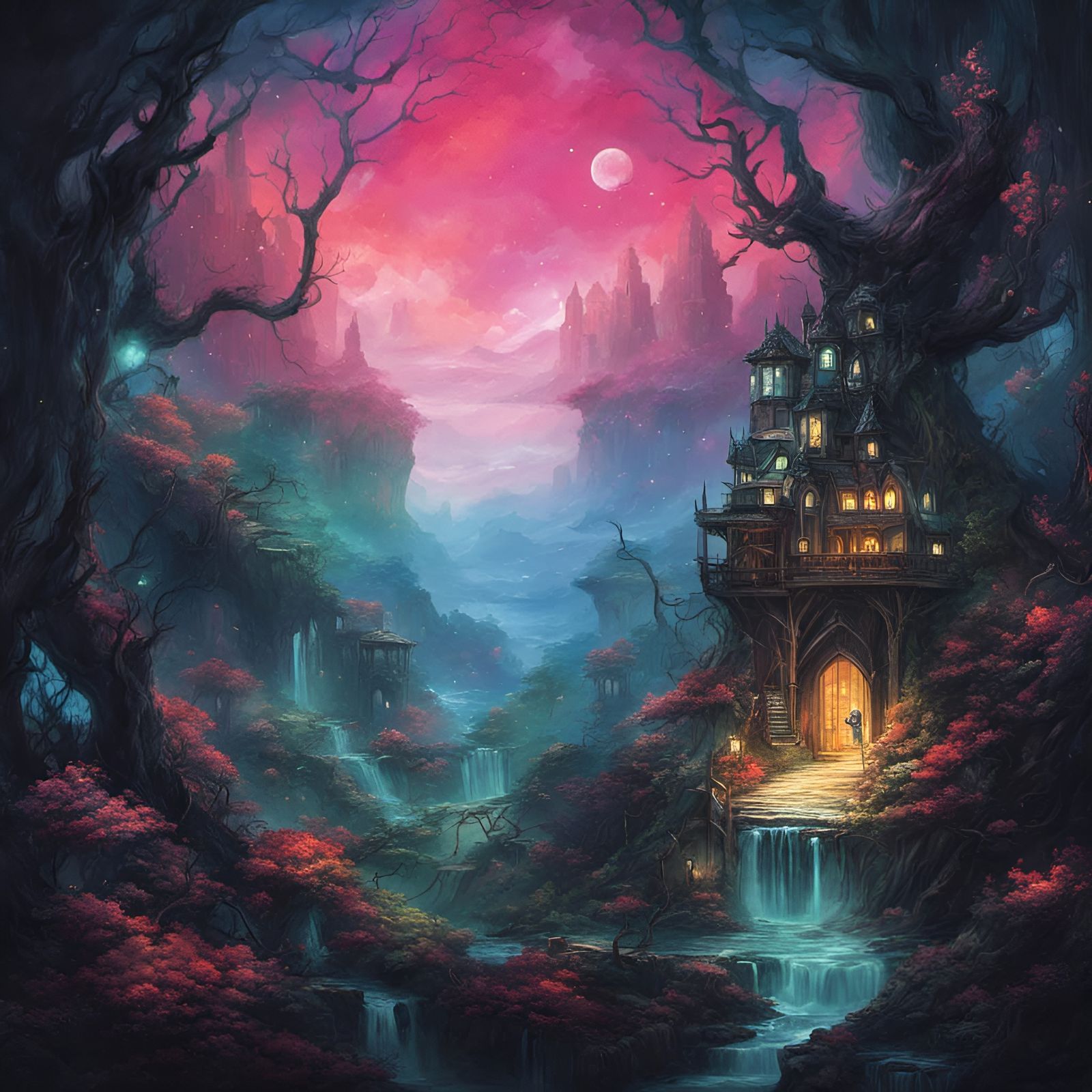Fantasy dark fairy castle, Brightly neon fantasy enchanted f...