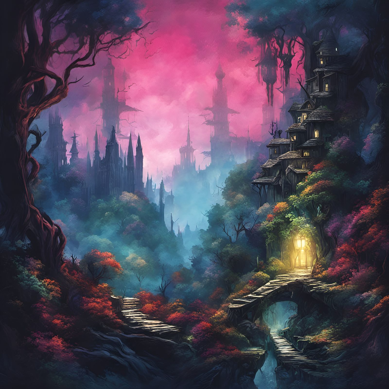 Fantasy dark fairy castle, Brightly neon colored fantasy enc...