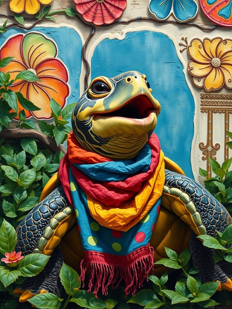 Joyful Singing Turtle in Impasto Oil Painting Style