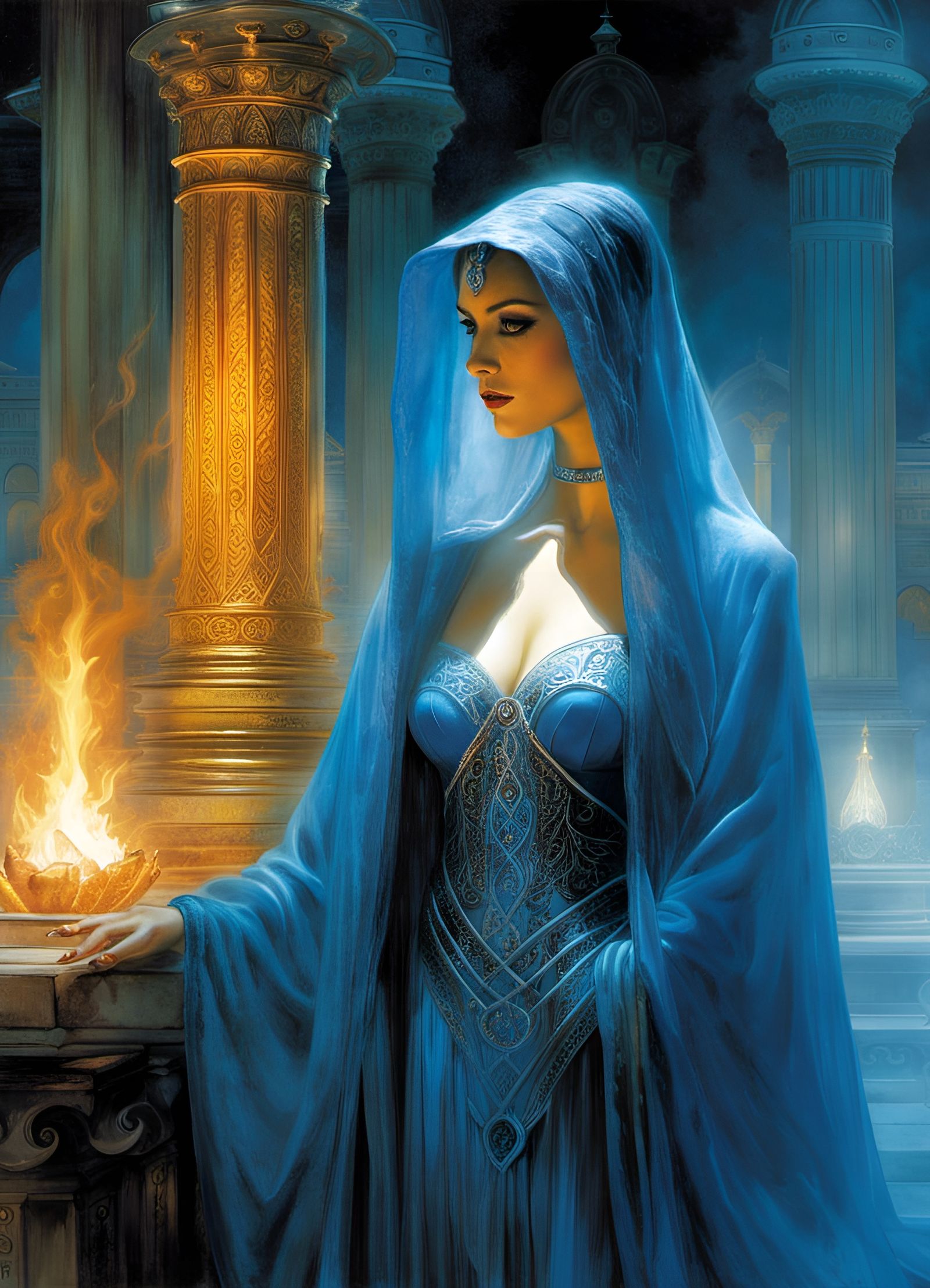 Priestess in Blue Veil With Eternal Flame