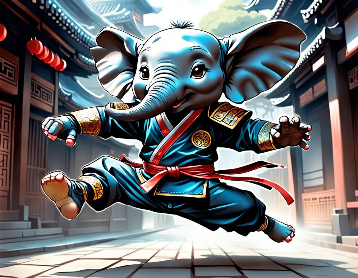 Chibi Elephant Ninja Flying Kick in Manga Style