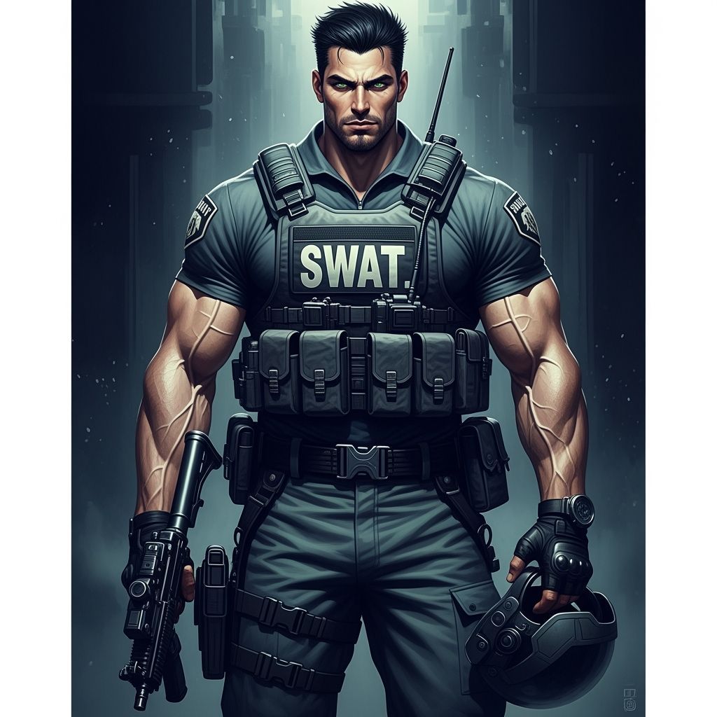 Muscular SWAT Officer in Dramatic Sci-Fi Style
