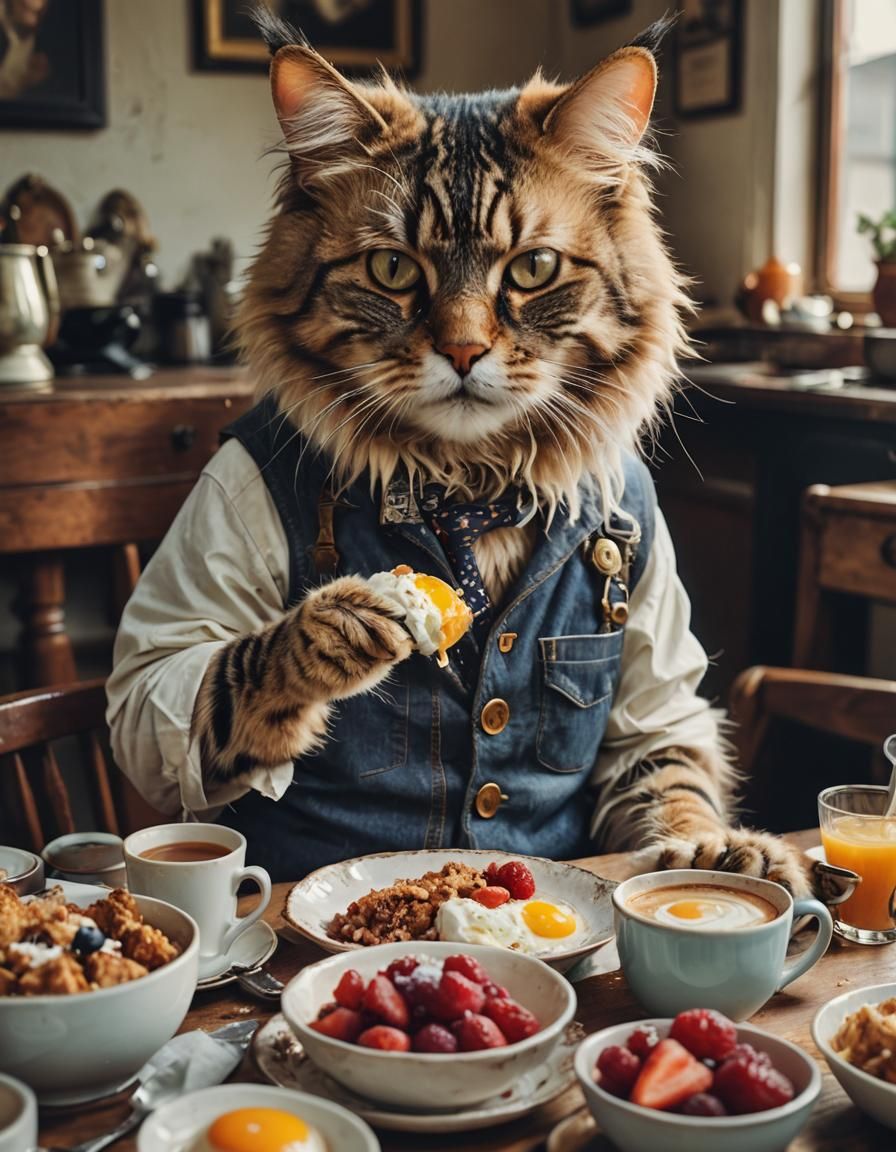 Hipster Cat Breakfast: A Hyperrealistic Composite Photo