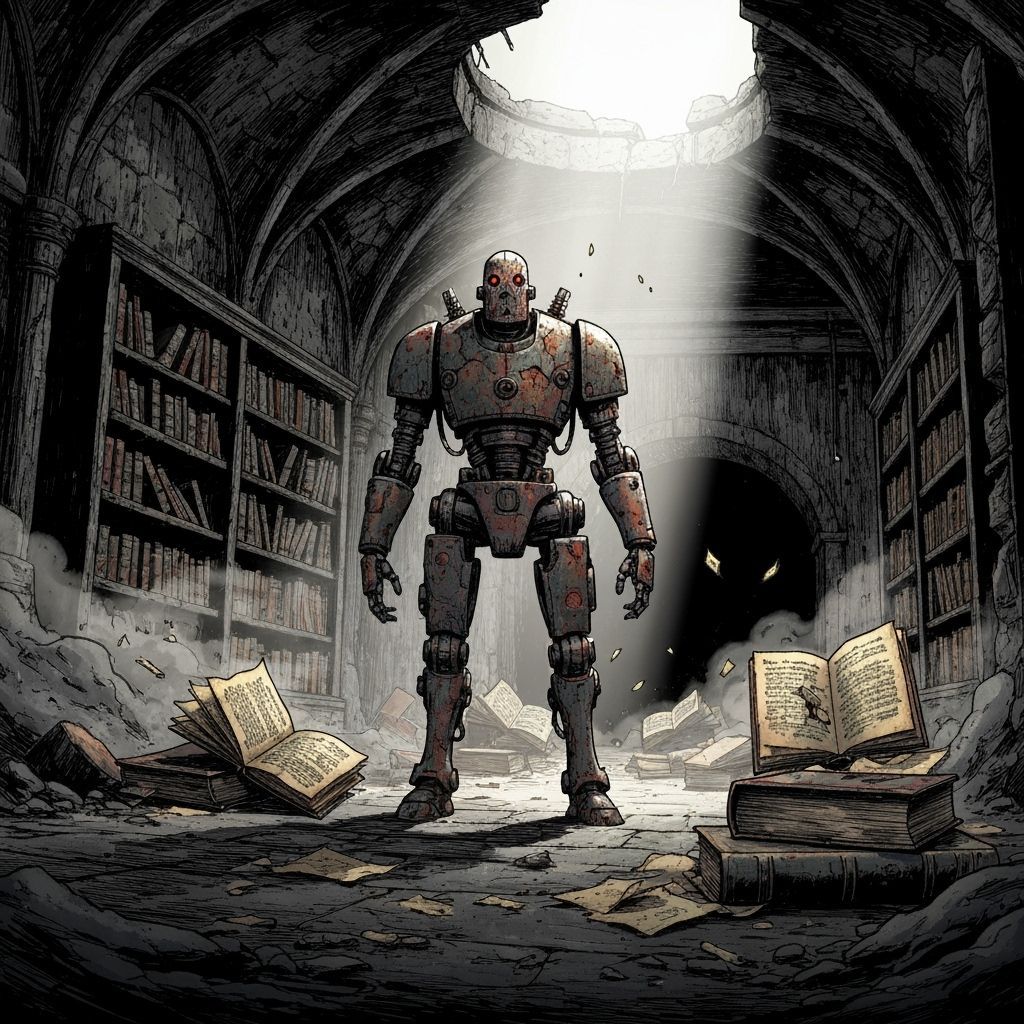 Rusted Automaton in Ancient Library Ruins