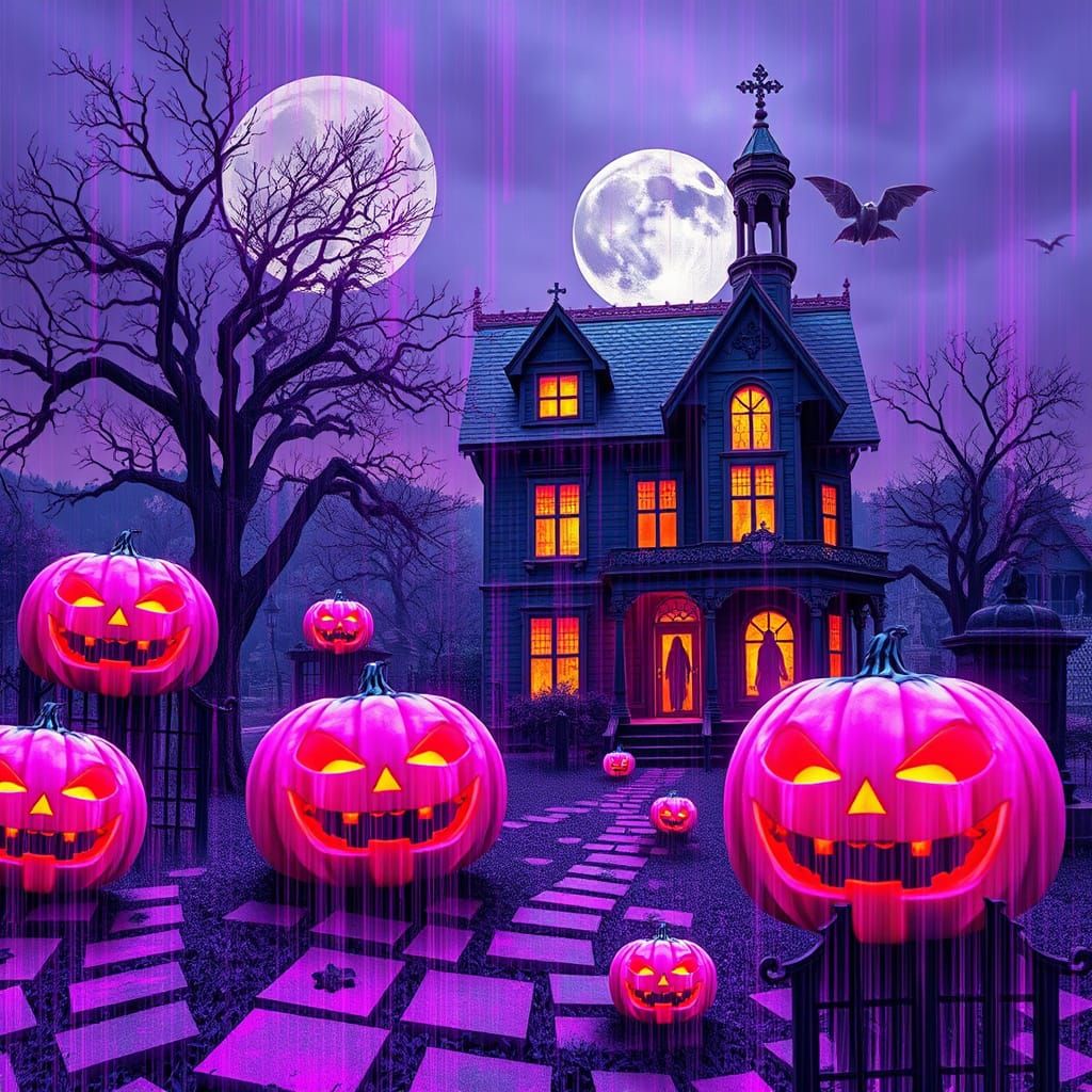 Vibrant Glitchcore Collage of Magenta Halloween Scene