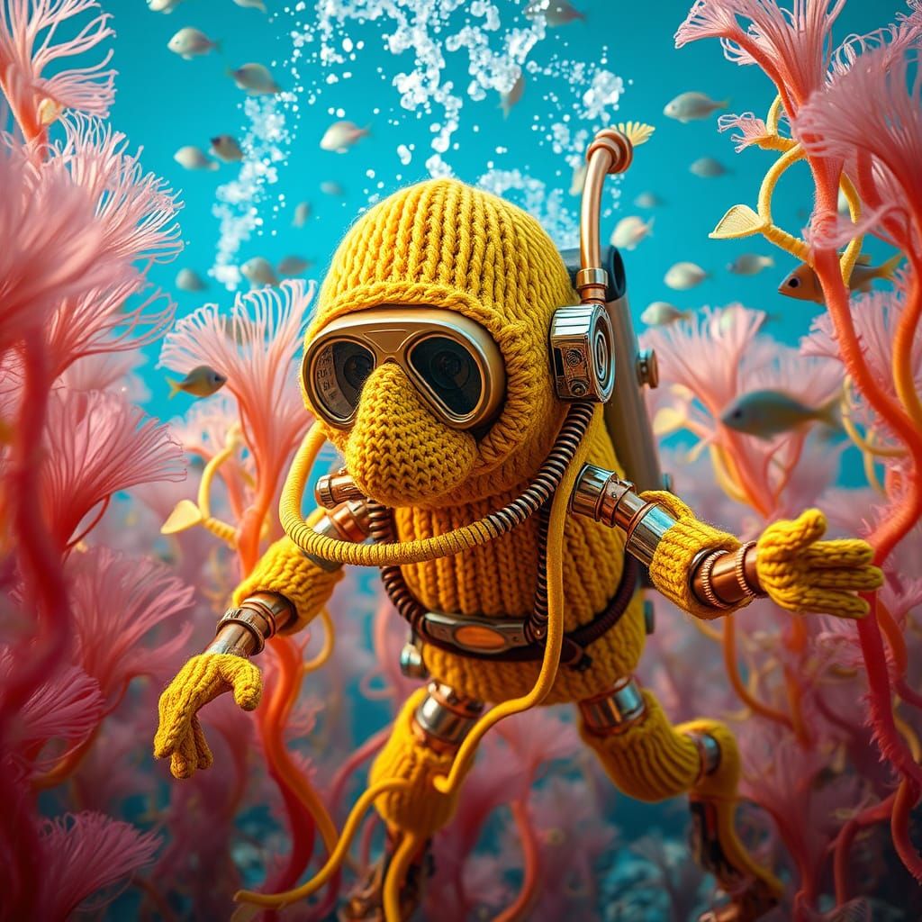 Surreal Steampunk Diver Emerges from Dreamlike Underwater Wo...