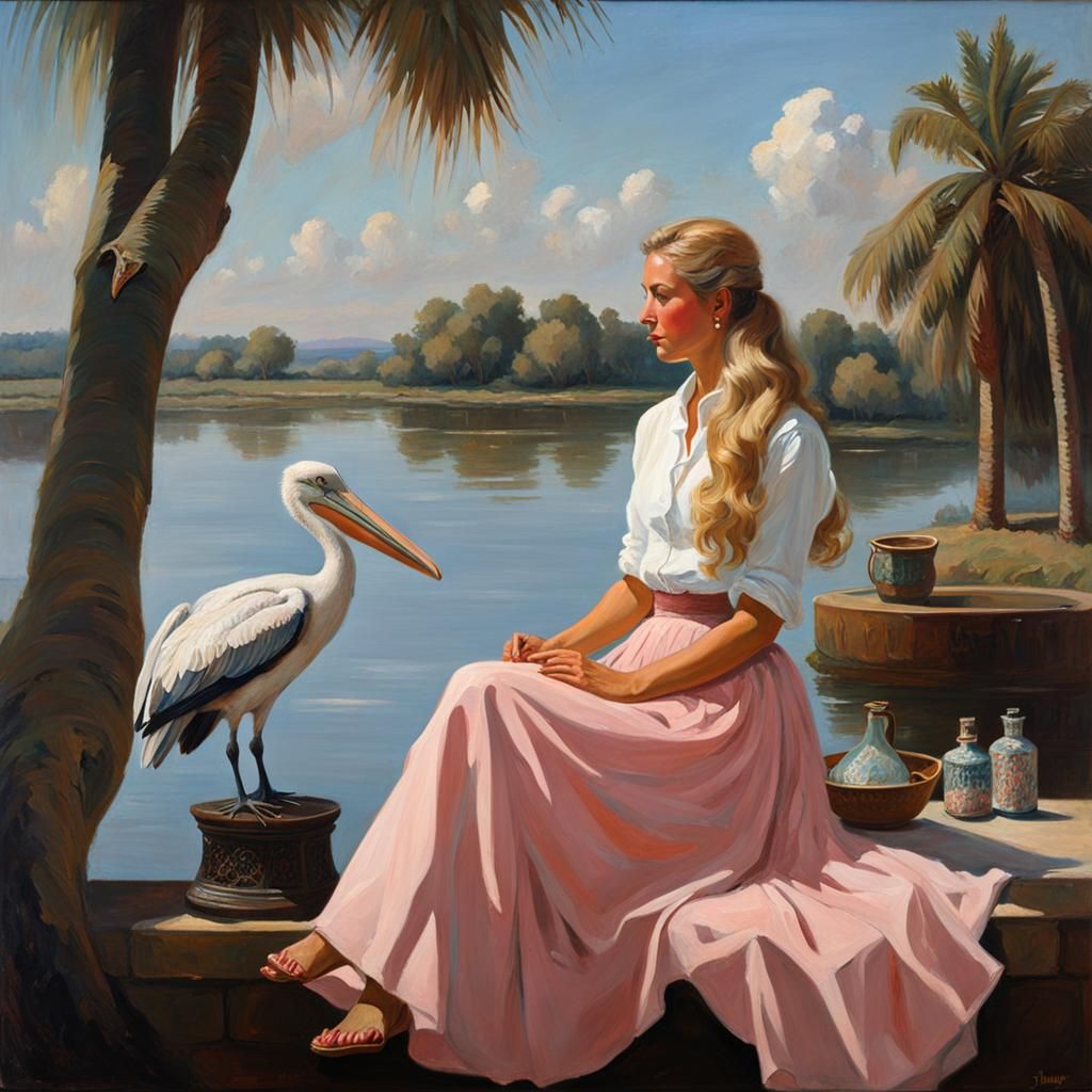 Woman with Pelican: Still Life Oil Painting