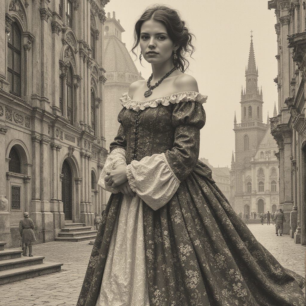 Baroque Woman in Prague: Sepia Sketch in Art Nouveau Style