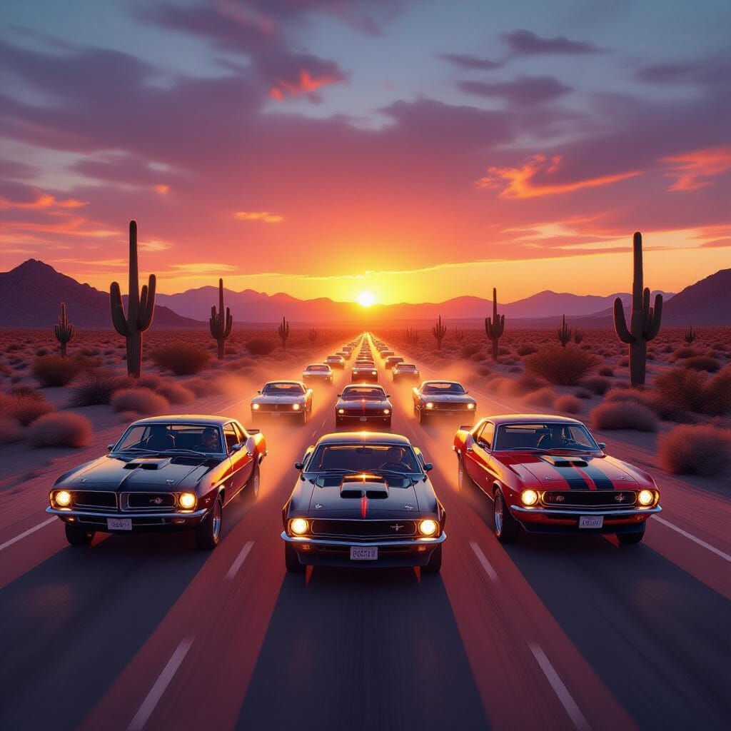 Iconic Muscle Cars Racing in Desert Sunset