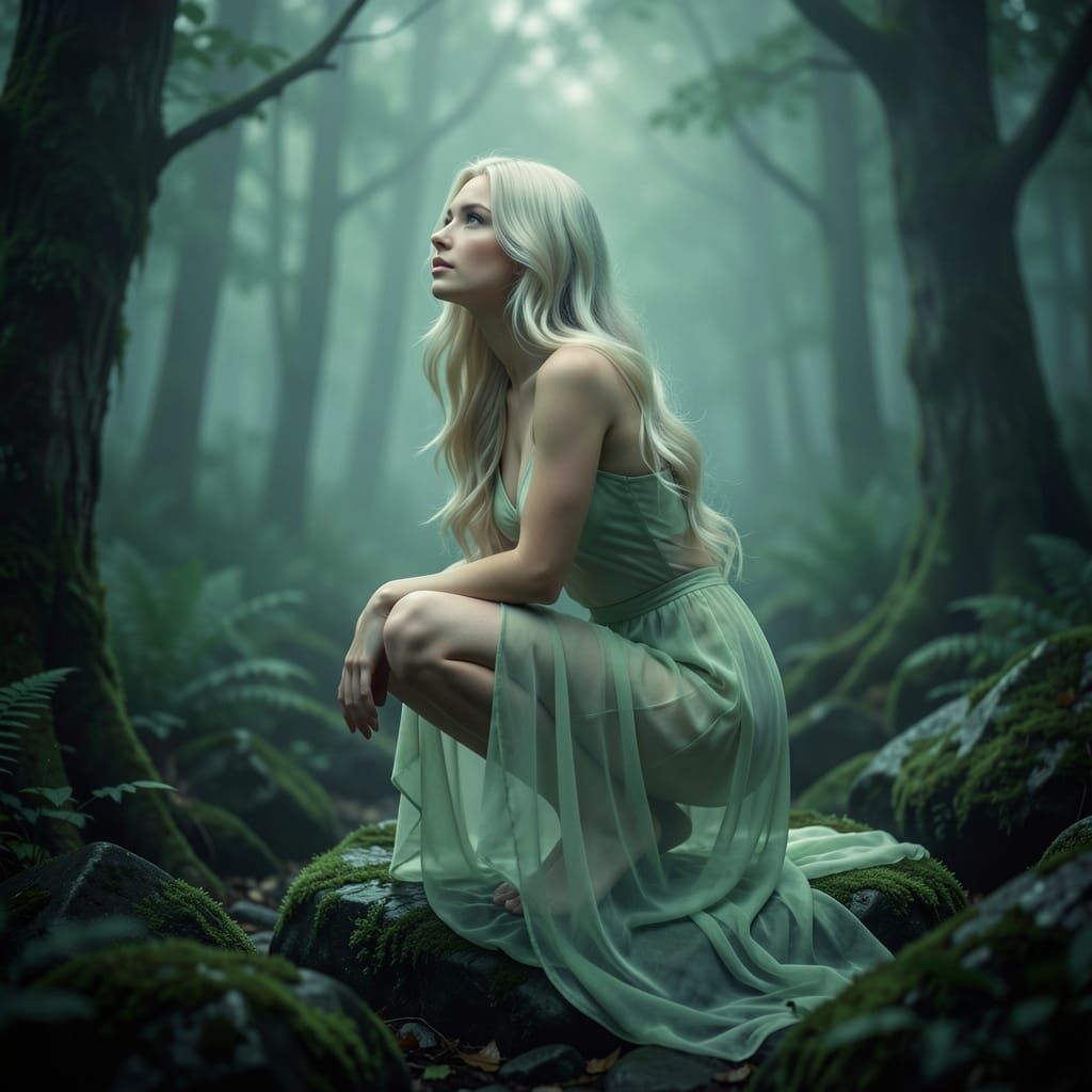 Ethereal Blonde in Misty Forest Portrait