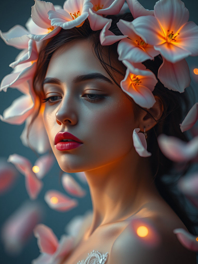Ethereal Woman Surrounded by Floating Petals