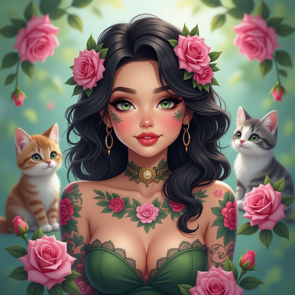 Tattooed Pinup Girl With Ethereal Roses in Ultra-Detailed CG...