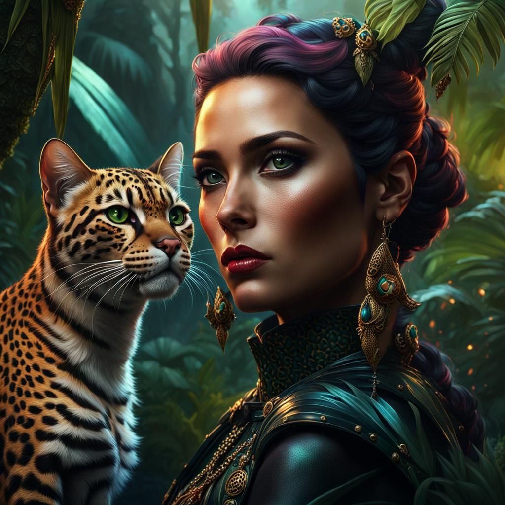 Gorgeous leopard cat woman with her pet leopard standing bes...