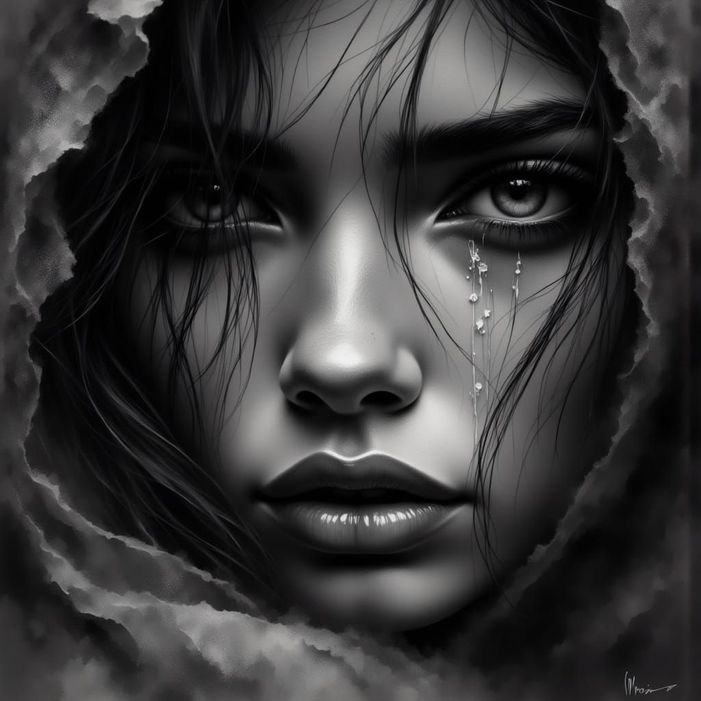 A beautiful sad woman is crying waterfalls from her eyes <lora:Smokey grunge:1.0> <lora:InkMeSoftly:1.0> <lora:HRH-moody...