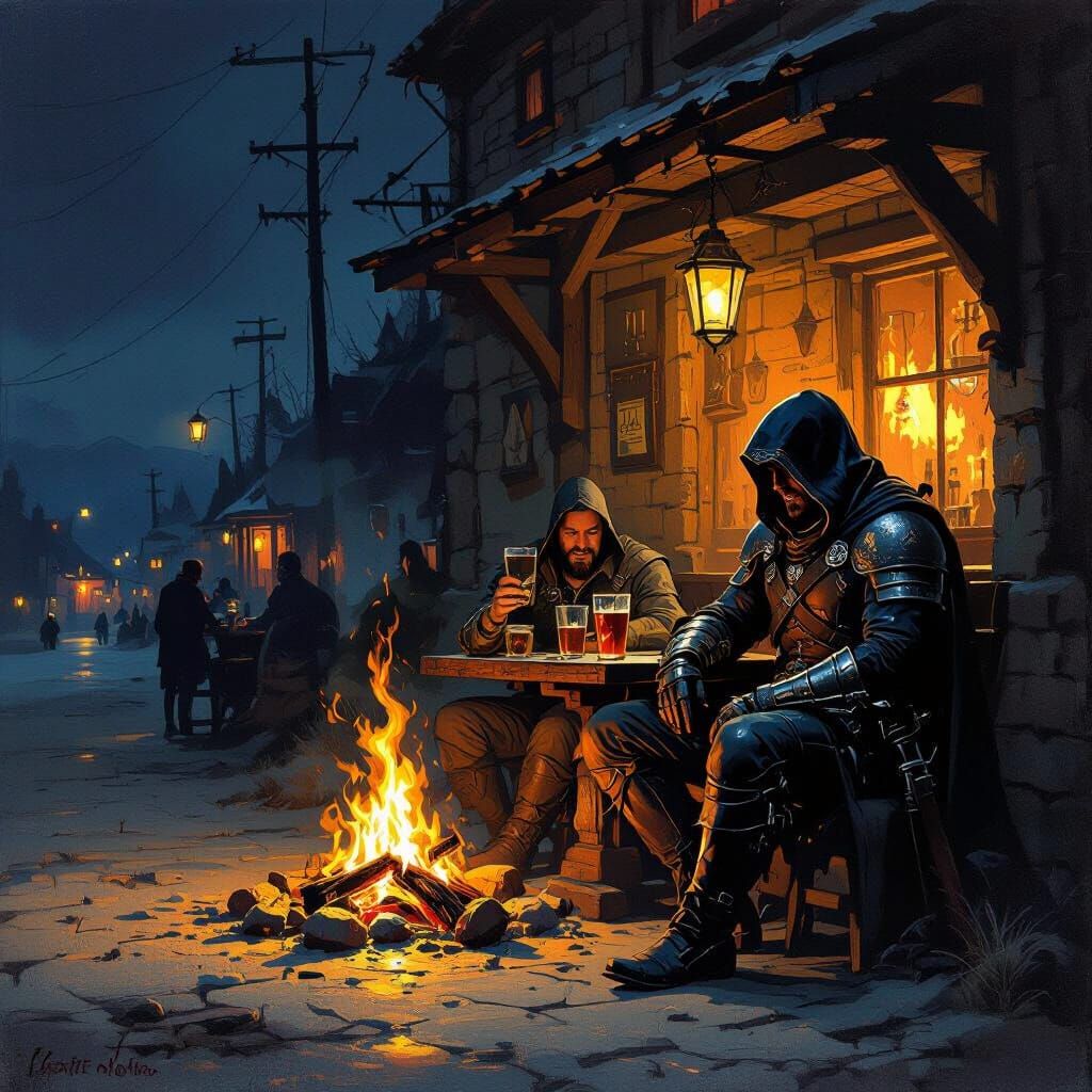 Assassin Waits by Roadside Tavern in Frazetta Style