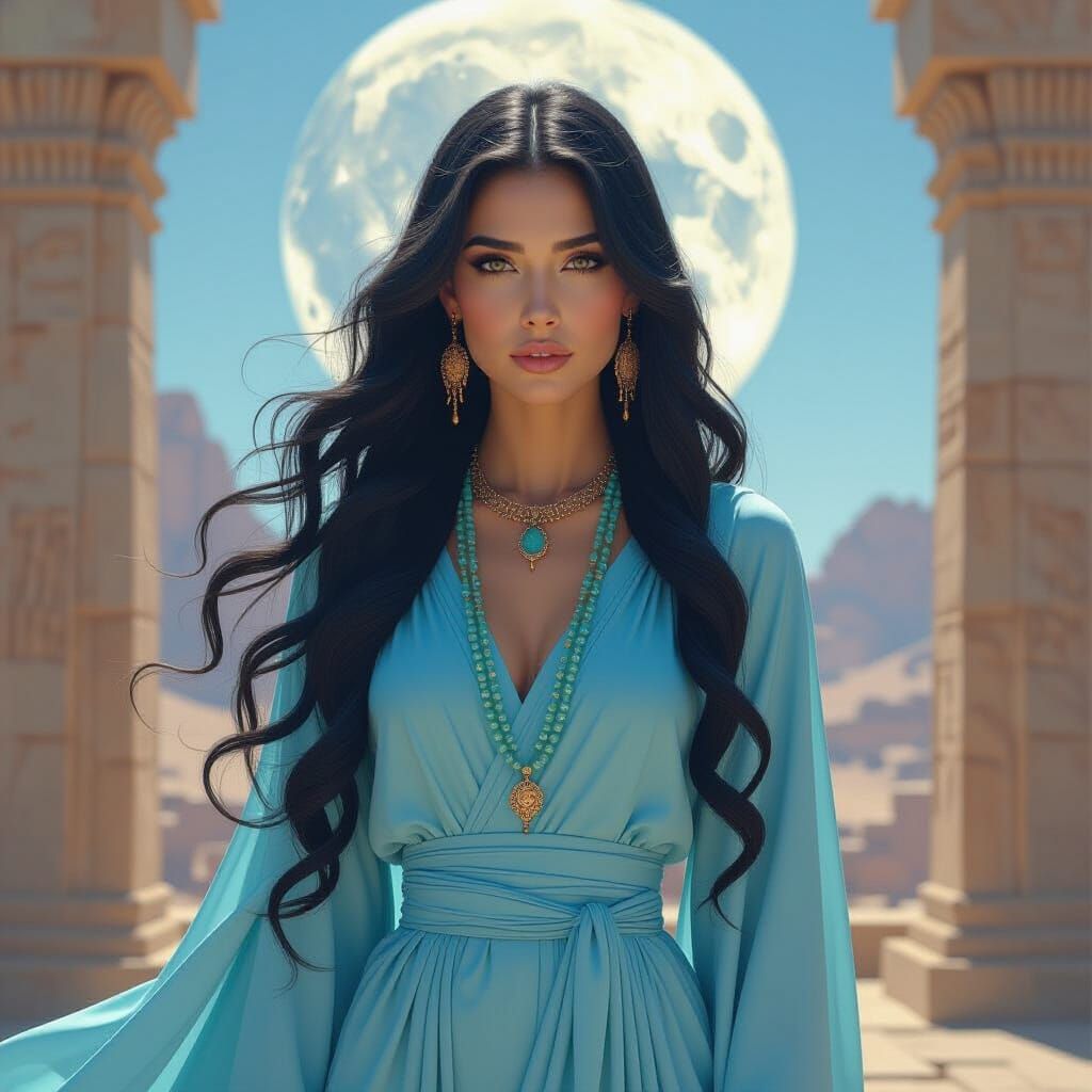 Moon Goddess on Ancient Temple in Oil Painting Style