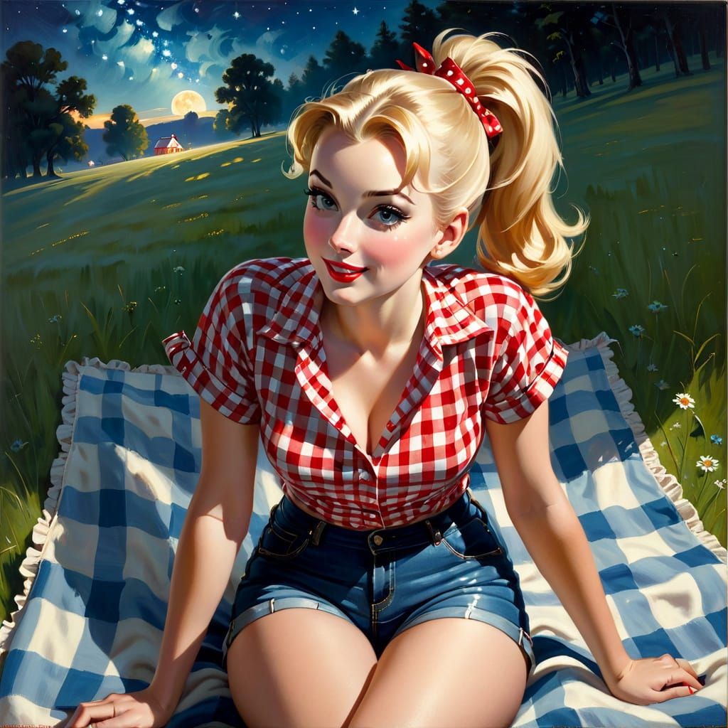 Impressionistic Pin-Up Girl Stargazing at Night