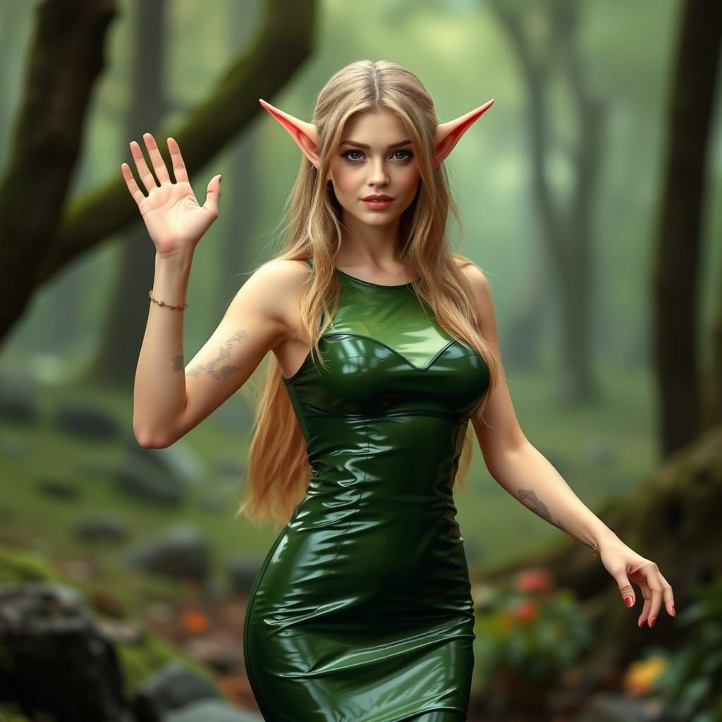 Elf Woman in Latex Dress Waving