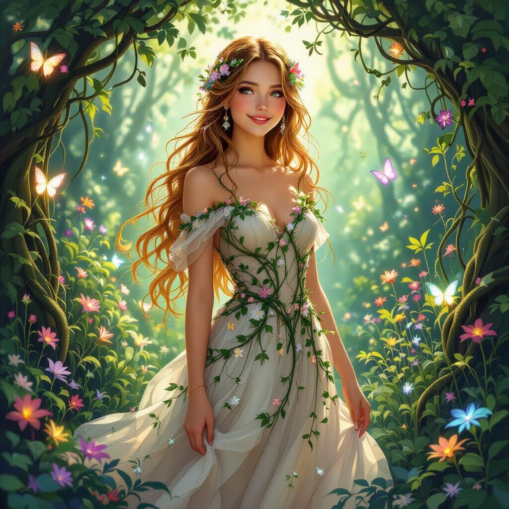 Elegant Lady in Floral Gown, Art Nouveau Digital Painting